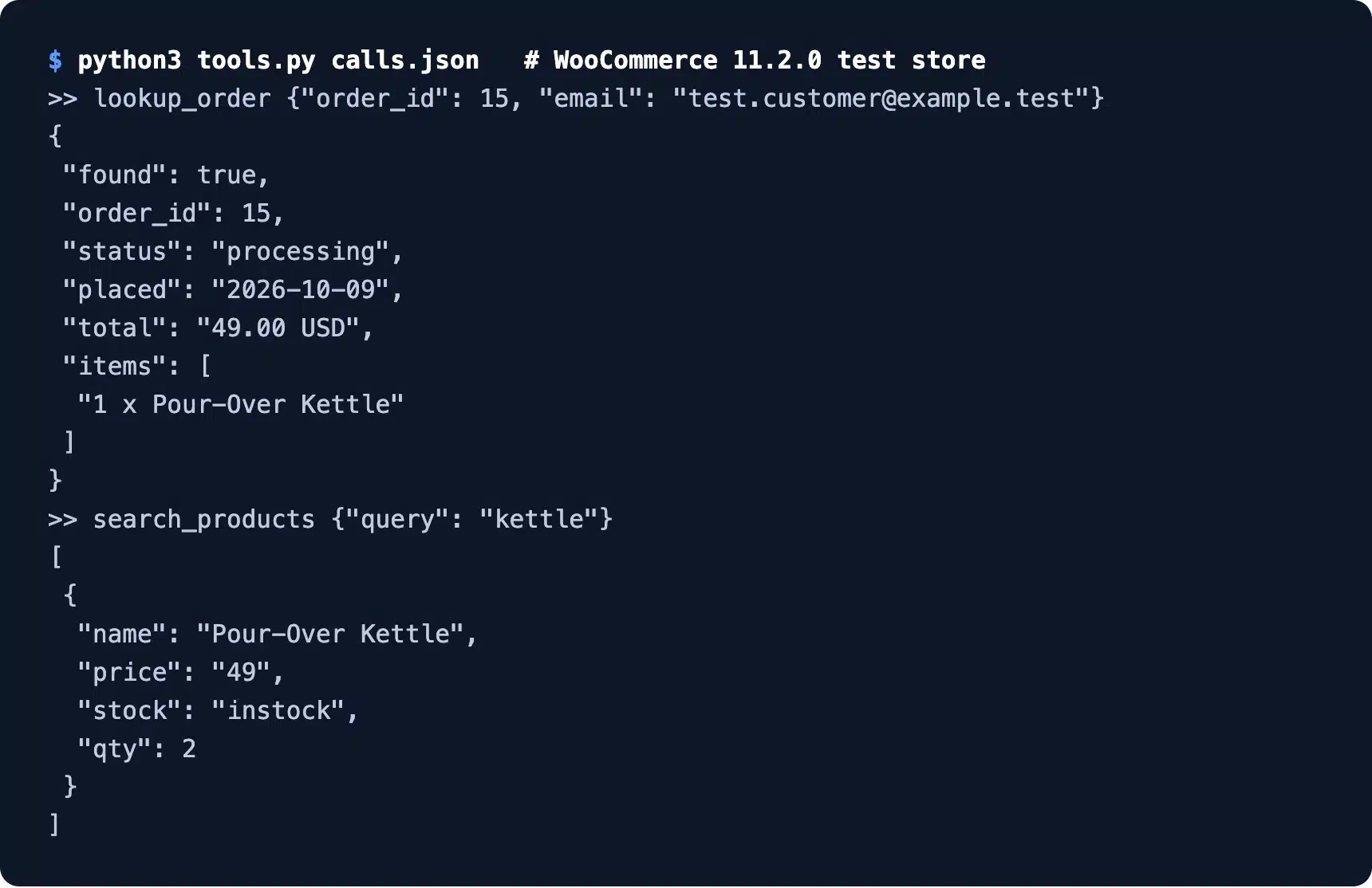AI agent order lookup and product search tools returning WooCommerce data
