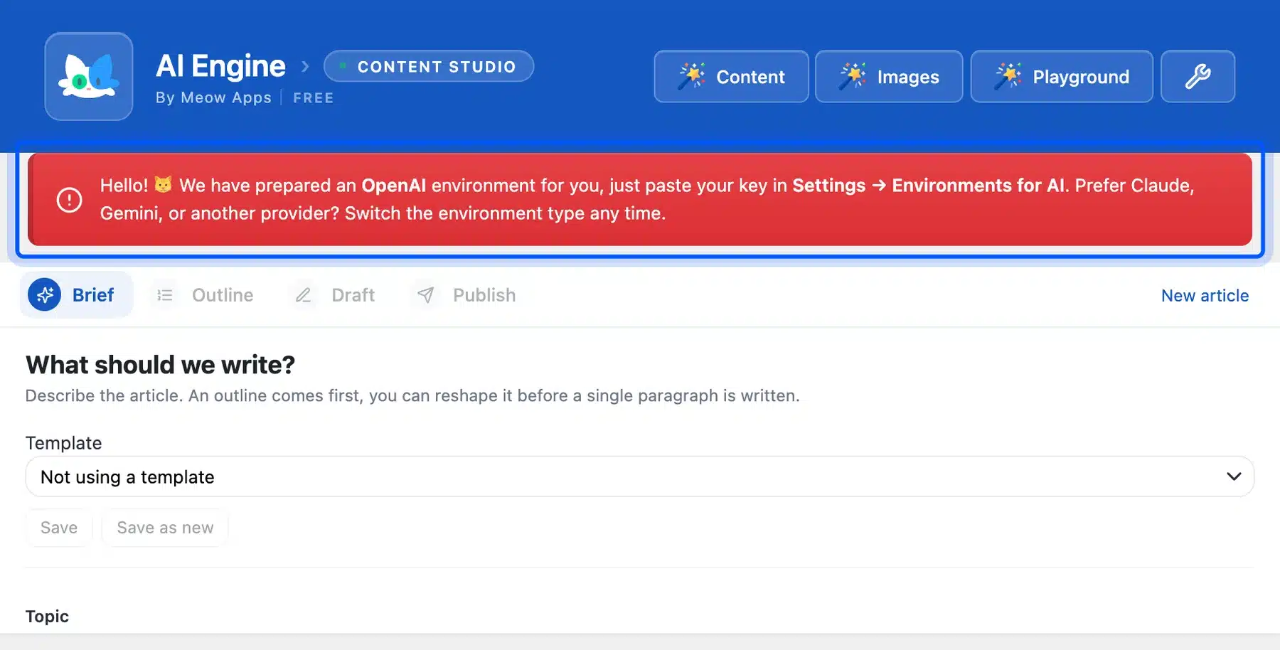 AI Engine Content Studio asking for an OpenAI API key