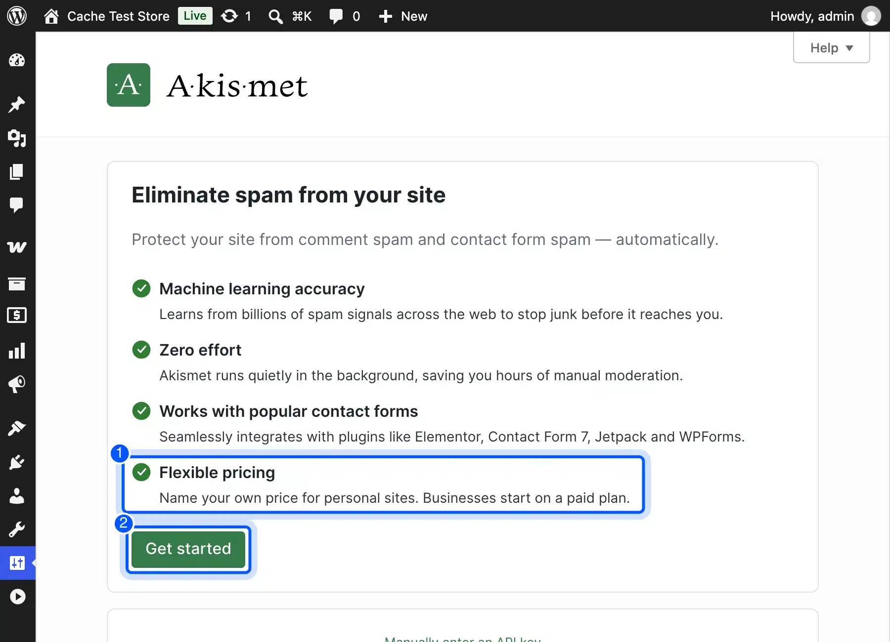 Akismet setup screen with pricing in WordPress