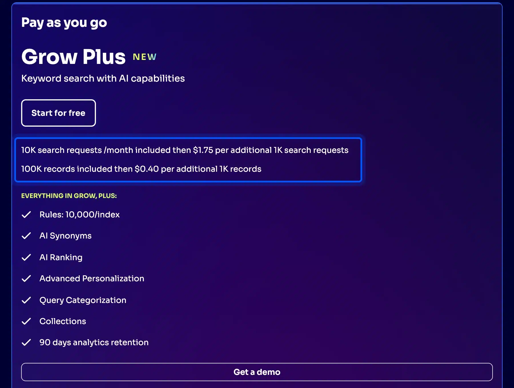 Algolia pricing for Grow Plus AI search requests