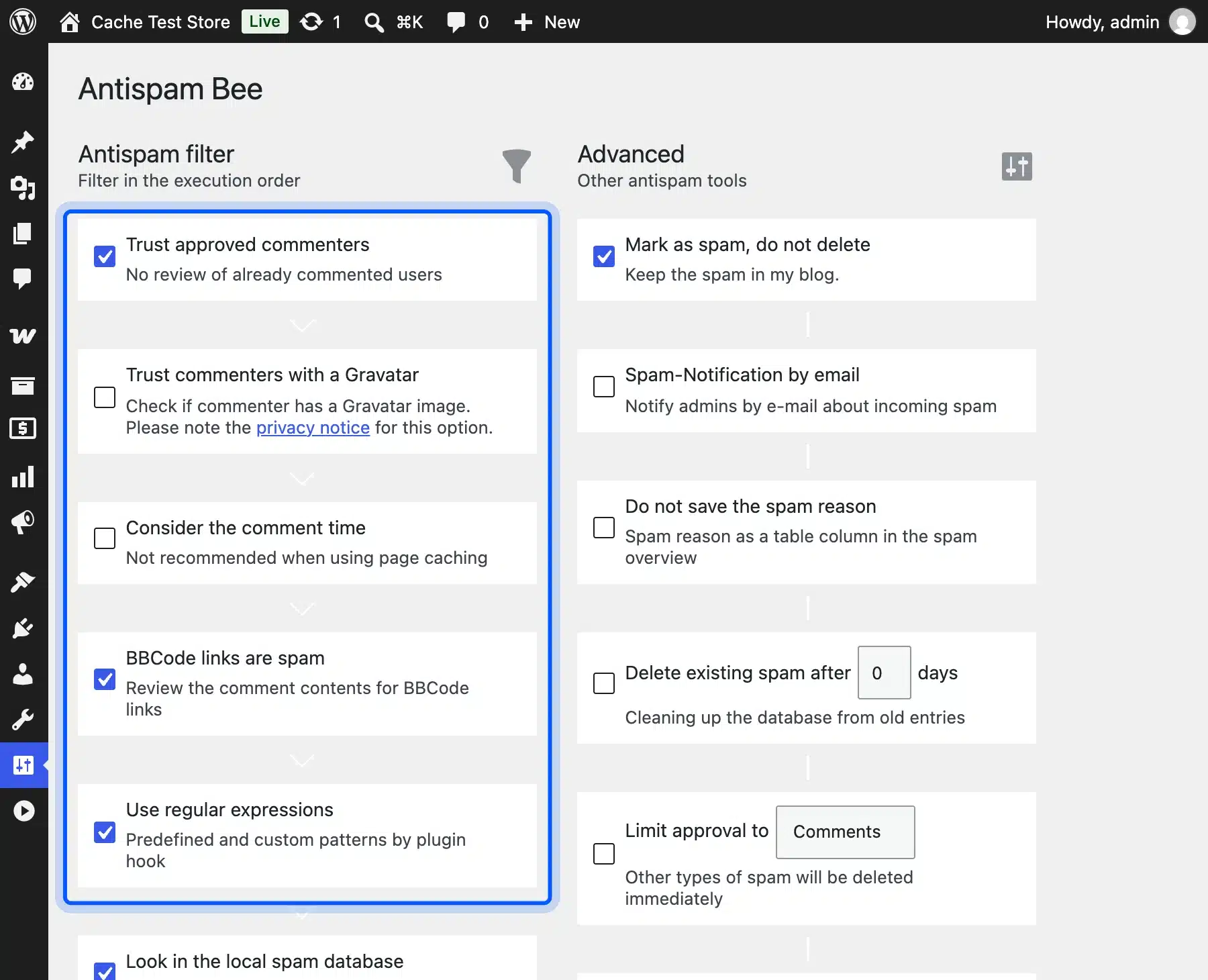 Antispam Bee comment spam filter settings