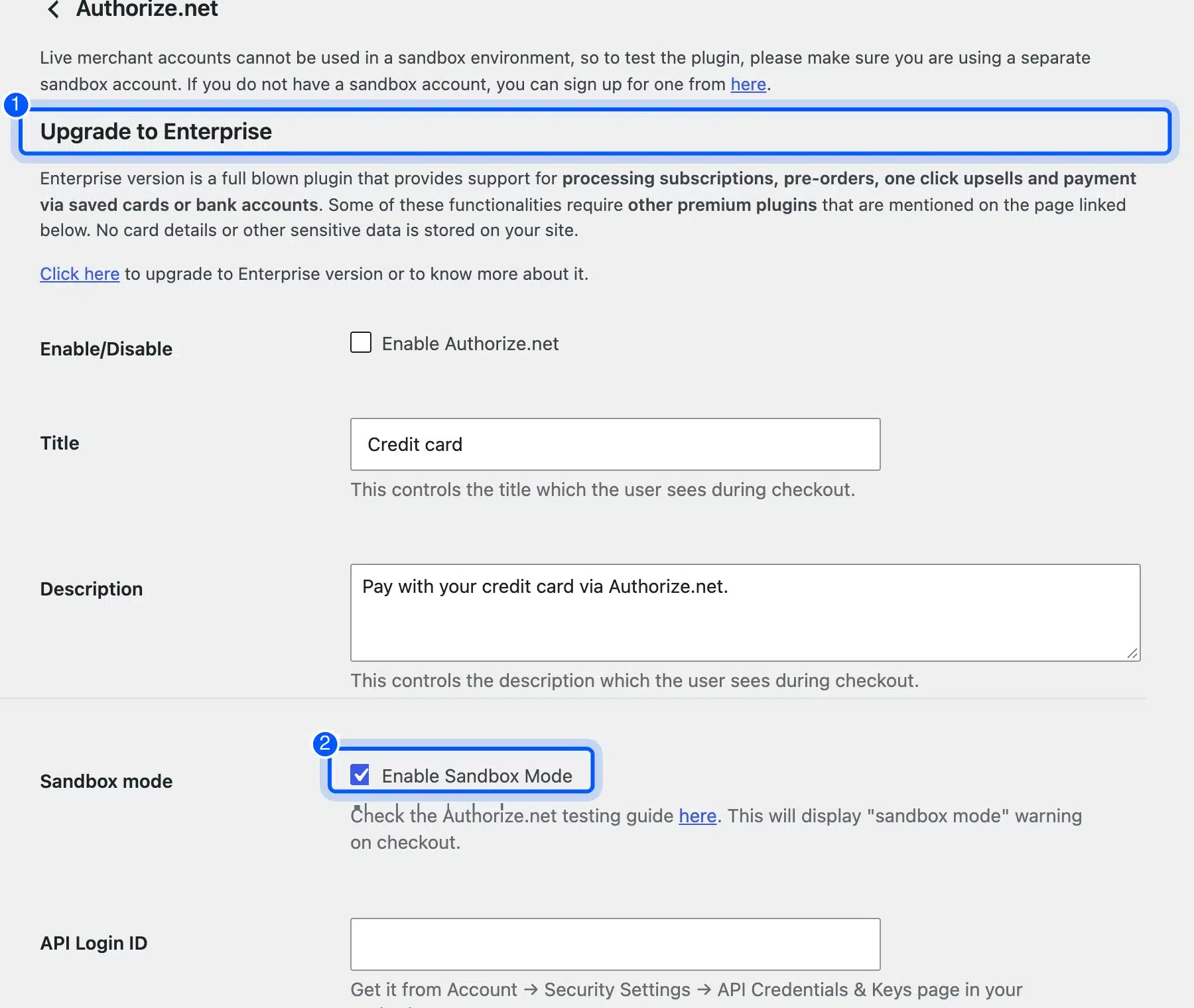 Authorize.net WooCommerce plugin sandbox setting