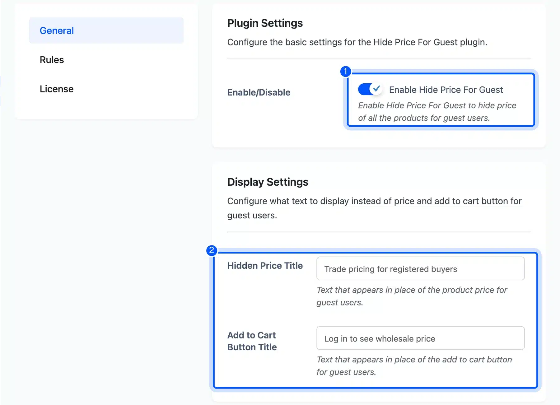 Hide Price For Guest settings with the hidden price and button text fields