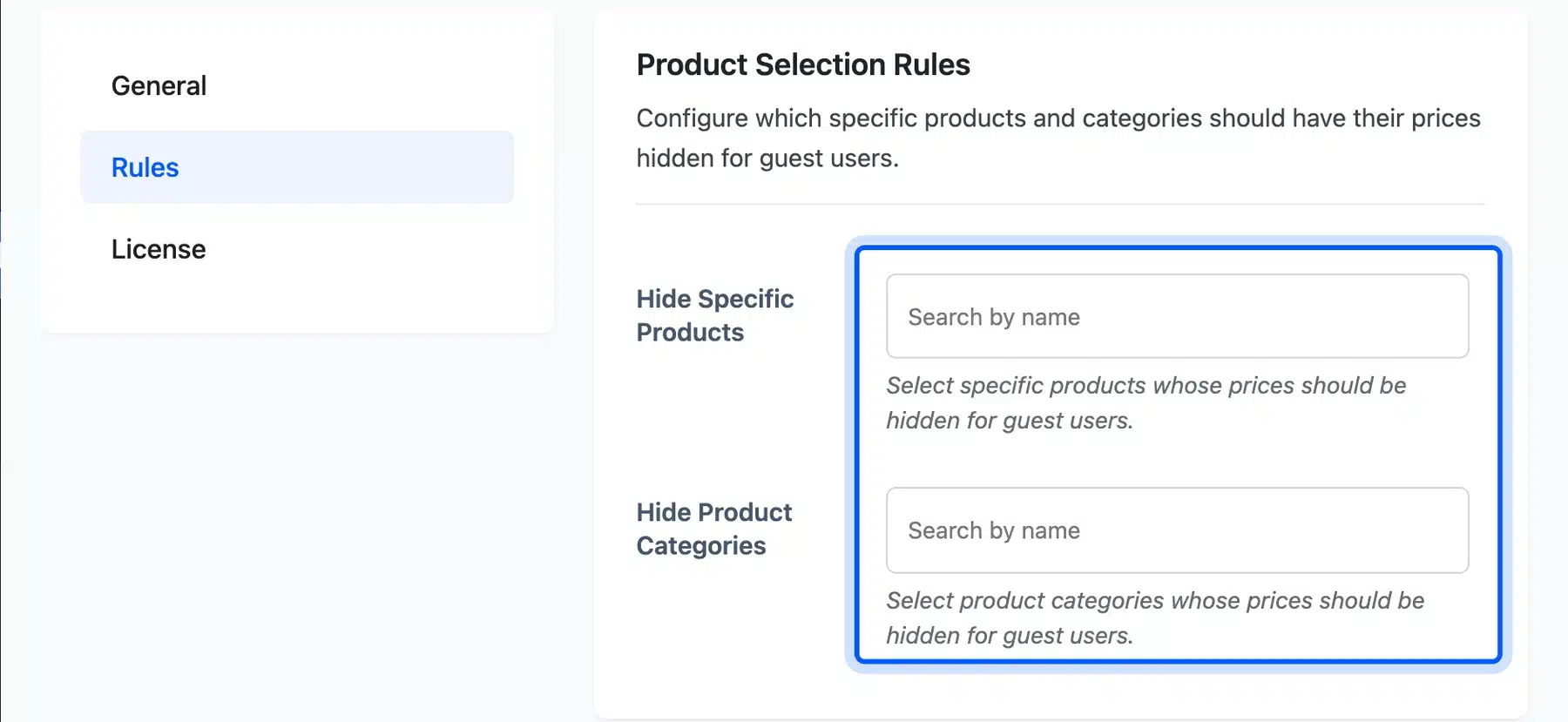 Hide Price For Guest rules for hiding prices on chosen products and categories