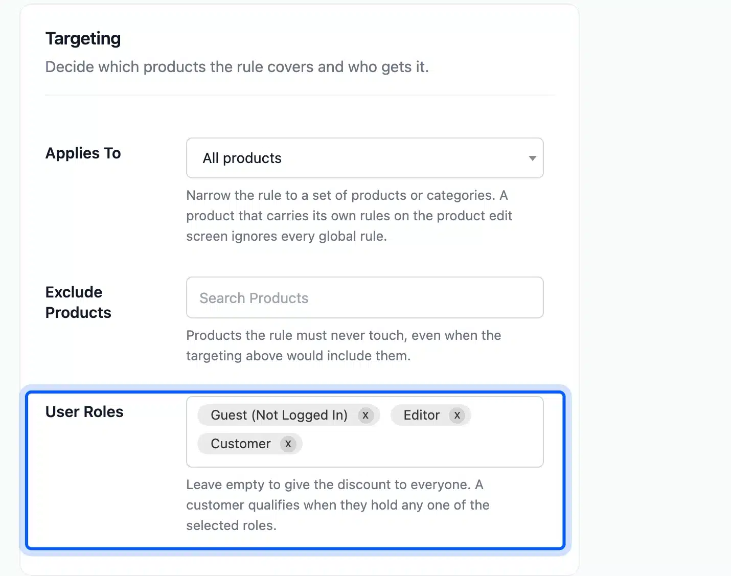 User Roles field that limits a tiered price rule to selected roles