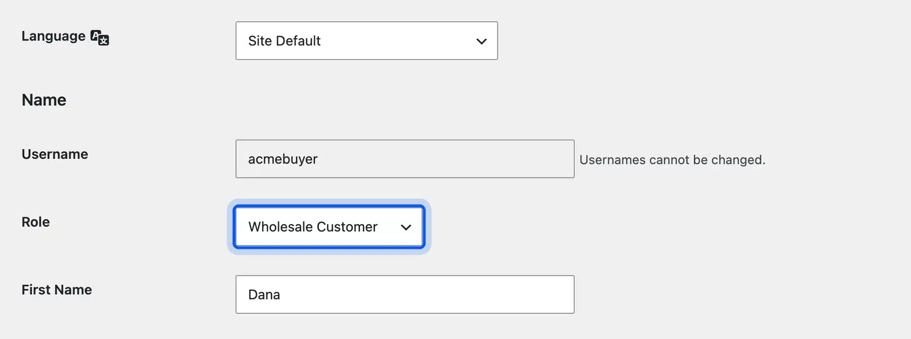 WordPress user profile with the Wholesale Customer role selected