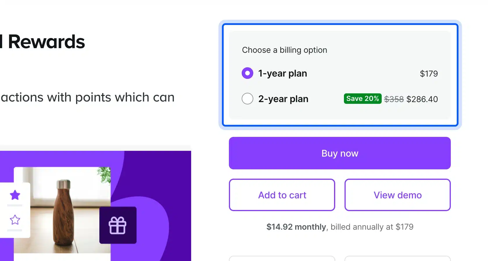 WooCommerce.com billing options for the Points and Rewards extension: $179 for one year