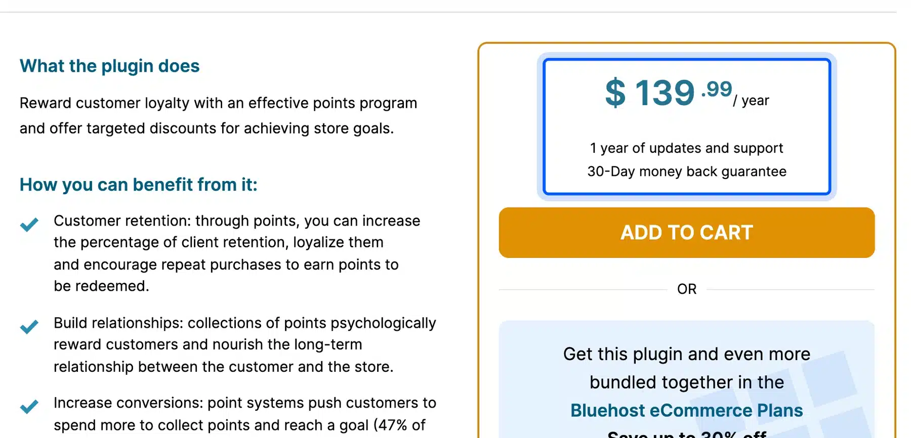 YITH product page showing $139.99 a year for the Points and Rewards plugin