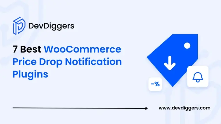 Flat price tag with a down arrow and bell chip beside the title about price drop notification plugins