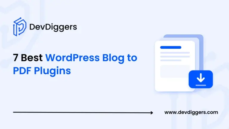 Flat stacked pages icon with PDF download badge beside the title 7 Best WordPress Blog to PDF Plugins