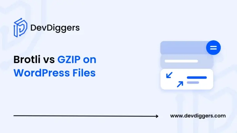 Flat stacked cards with compress arrows beside the title Brotli vs GZIP on WordPress Files