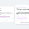 Two crowdfunding emails side by side, a campaign update sent to supporters and a thank you sent after a contribution