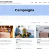 Campaigns page with search, category, status and sort filters above a grid of campaign cards with progress bars