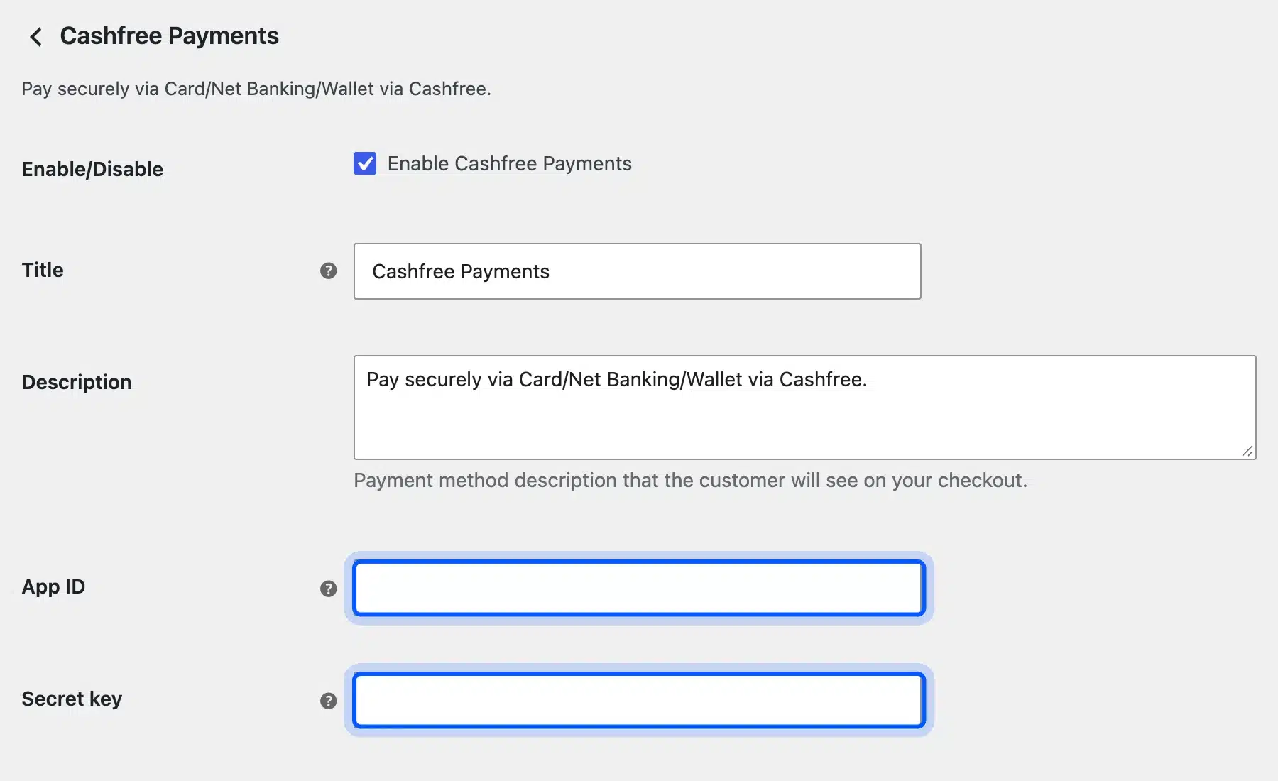 Cashfree for WooCommerce settings with the App ID and Secret key fields