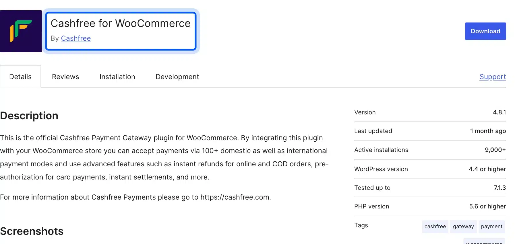 Cashfree for WooCommerce plugin listing on WordPress.org