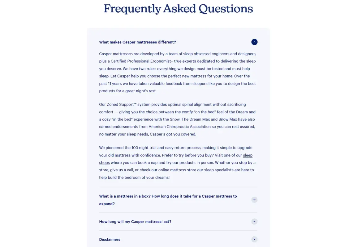 Casper homepage FAQ accordion covering the trial period and mattress expansion time