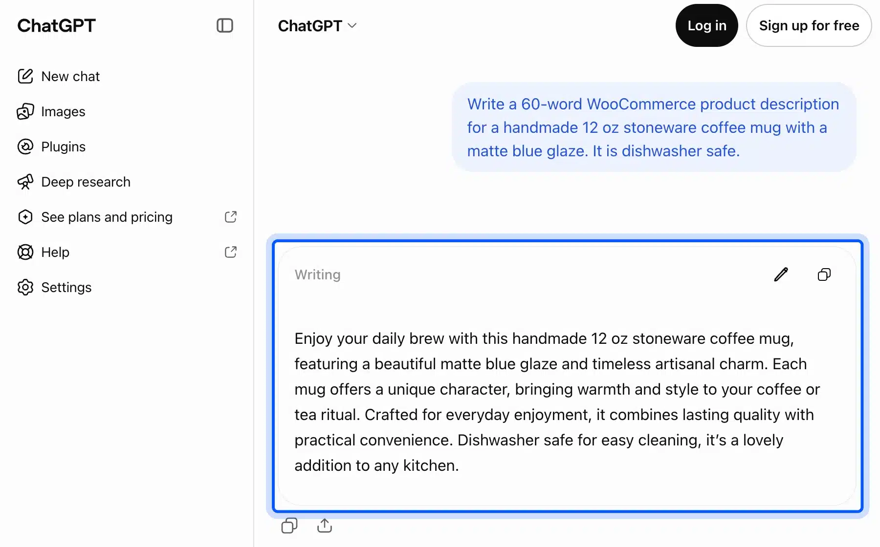 ChatGPT writing a WooCommerce product description without an account