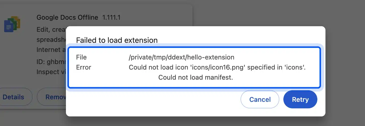 Chrome Failed to load extension box with the error Could not load icon specified in icons