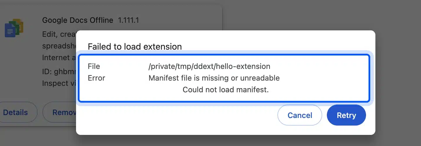 Chrome Failed to load extension box with the error Manifest file is missing or unreadable
