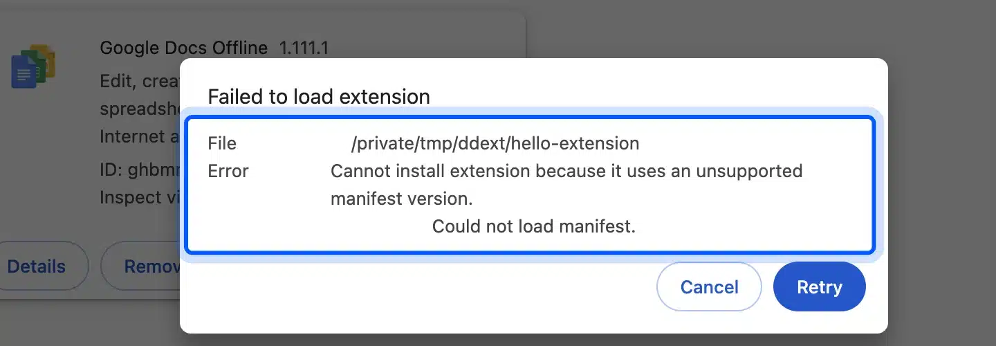 Chrome Failed to load extension box with the error Cannot install extension because it uses an unsupported manifest version