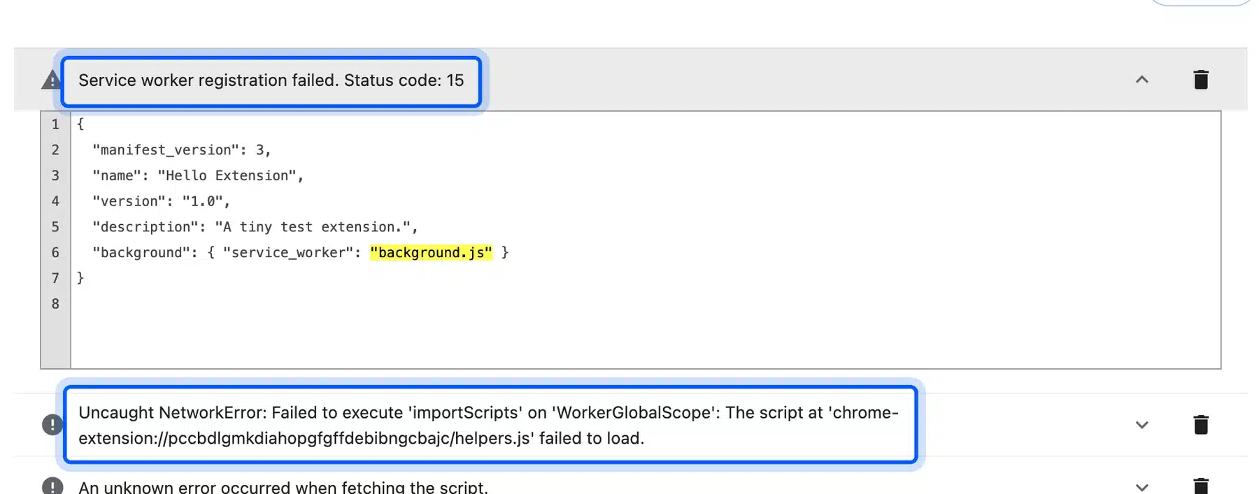 Chrome extension Errors page showing Service worker registration failed with Status code 15