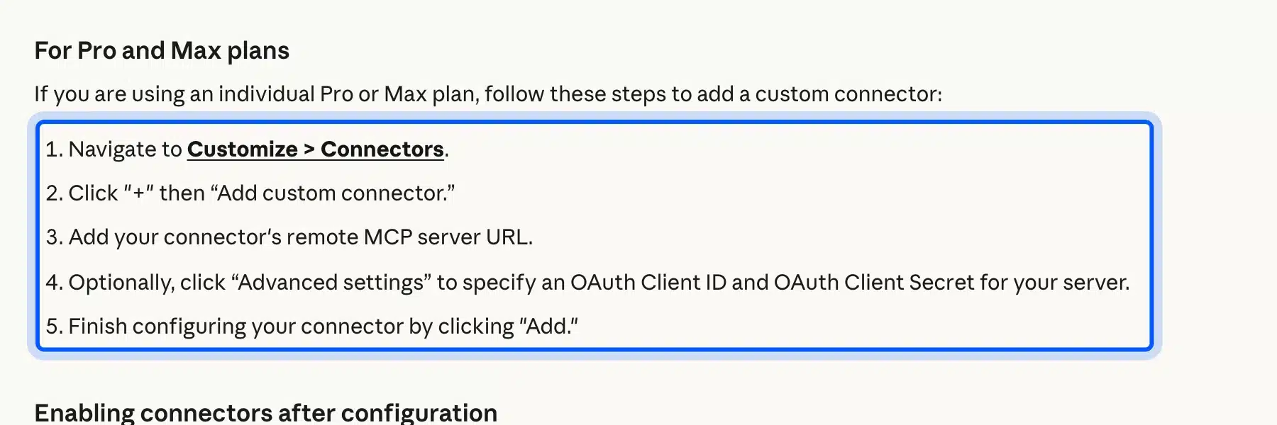 Claude help center steps for adding a custom connector with a remote MCP server URL highlighted
