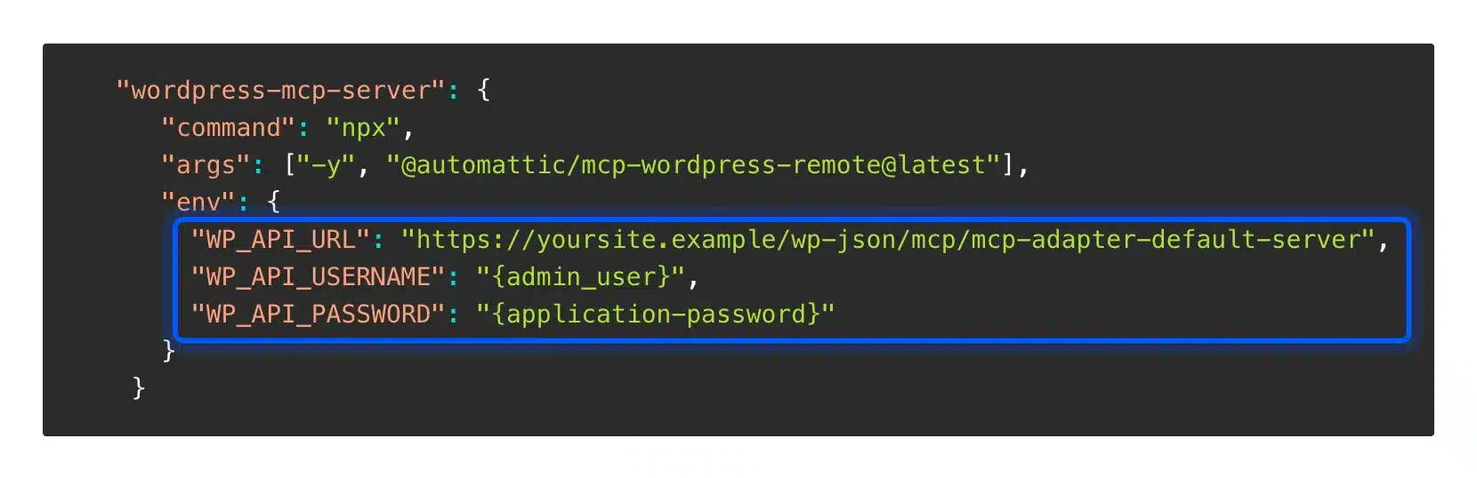 WordPress Developer Blog HTTP configuration with the WP_API_URL, username and password variables highlighted