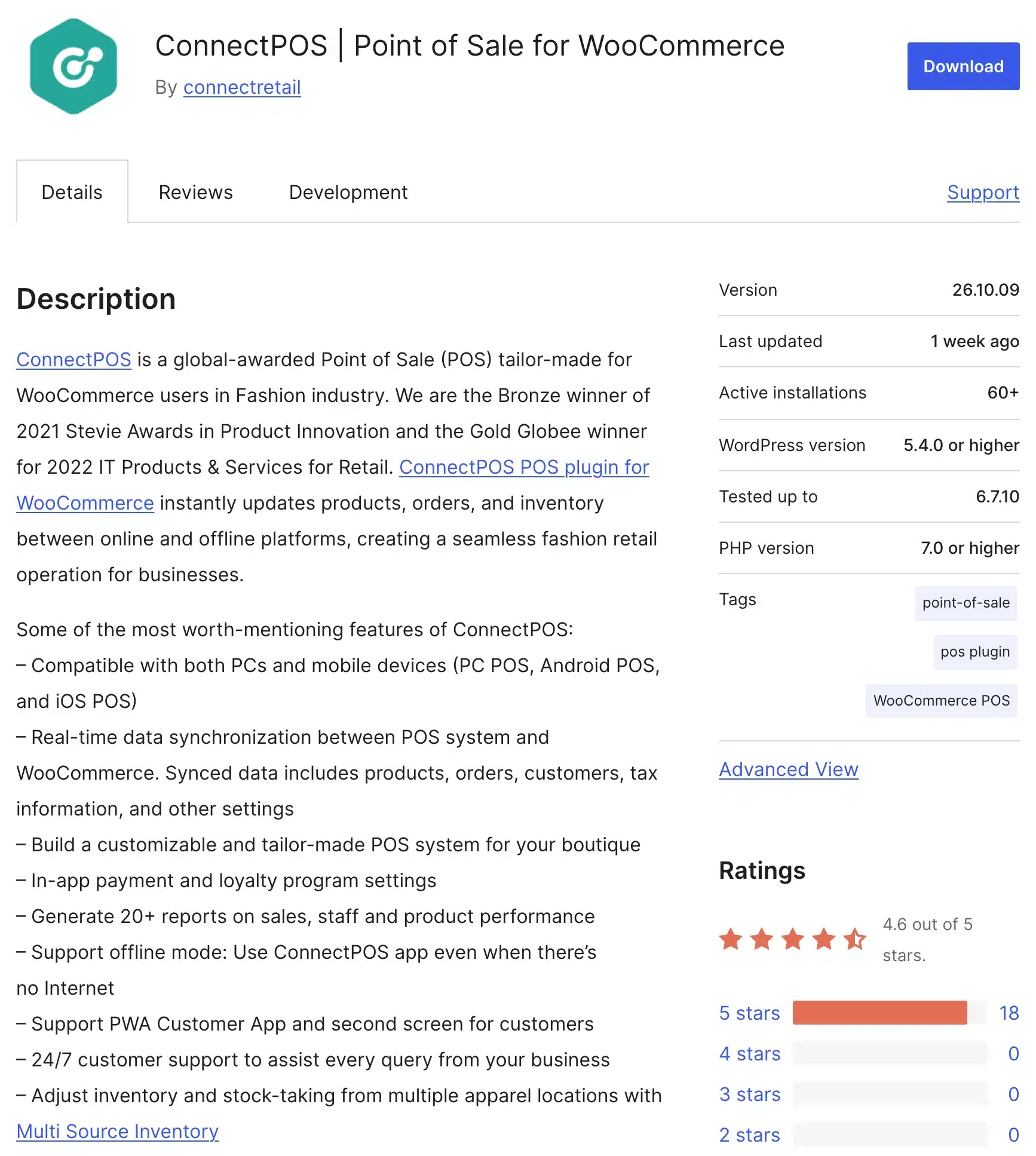 ConnectPOS plugin description and details on WordPress.org