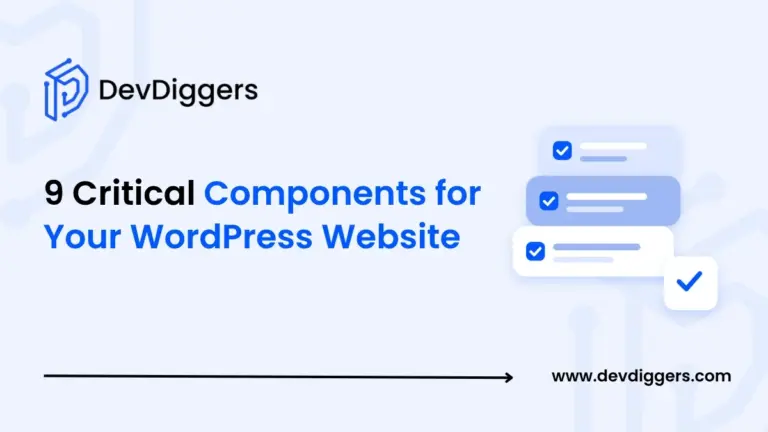 Flat stacked checklist cards icon beside the title 9 Critical Components for Your WordPress Website