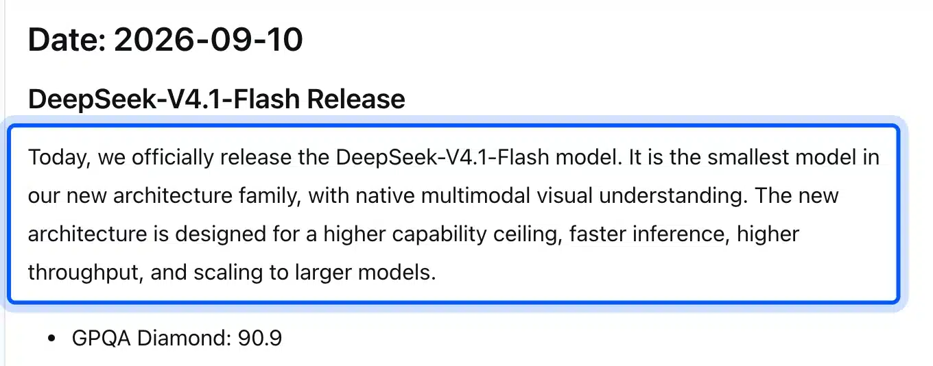 DeepSeek API change log entry for the V4.1-Flash release on 10 September 2026
