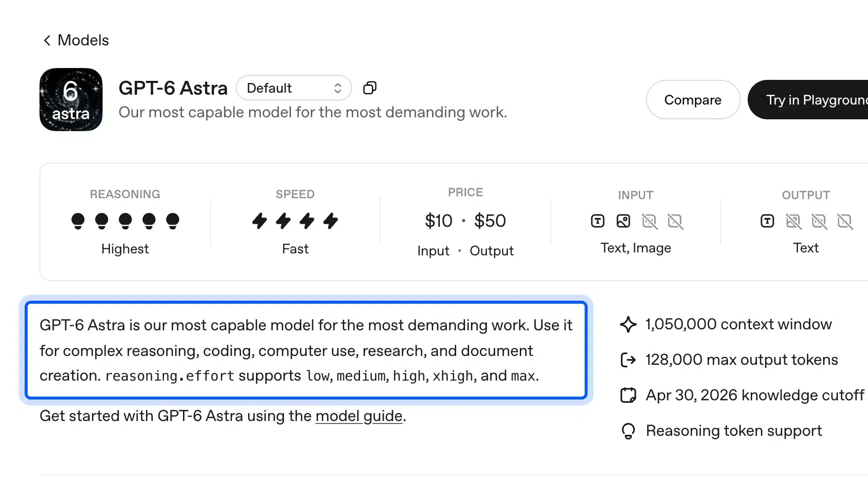 OpenAI model page for GPT-6 Astra describing it as the most capable model for demanding work