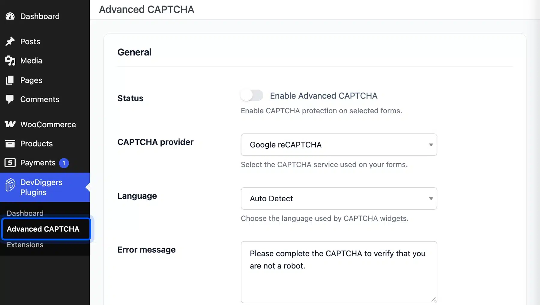 Advanced CAPTCHA item under the DevDiggers Plugins menu in the WordPress dashboard
