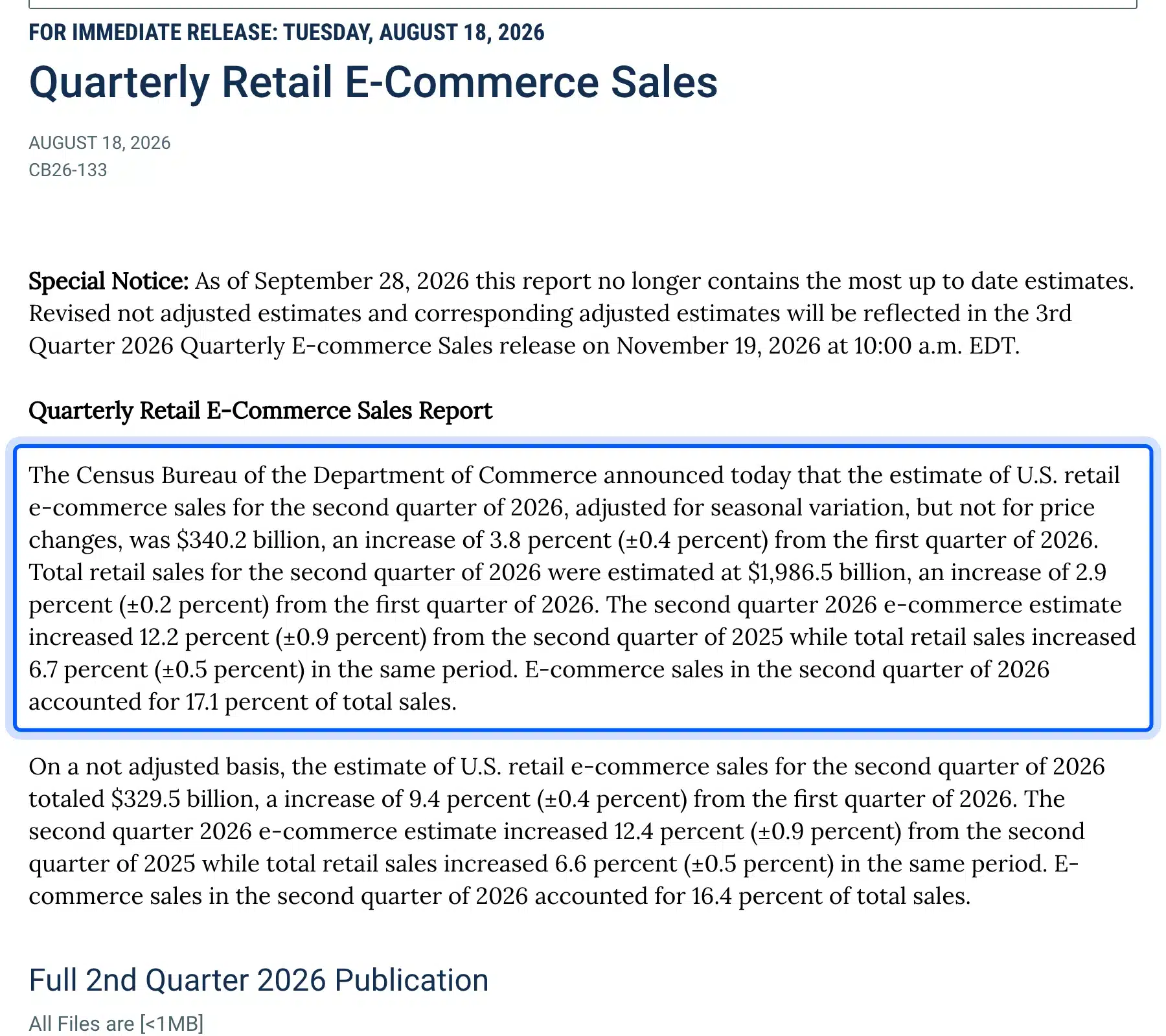 US Census quarterly retail e-commerce report used as public data