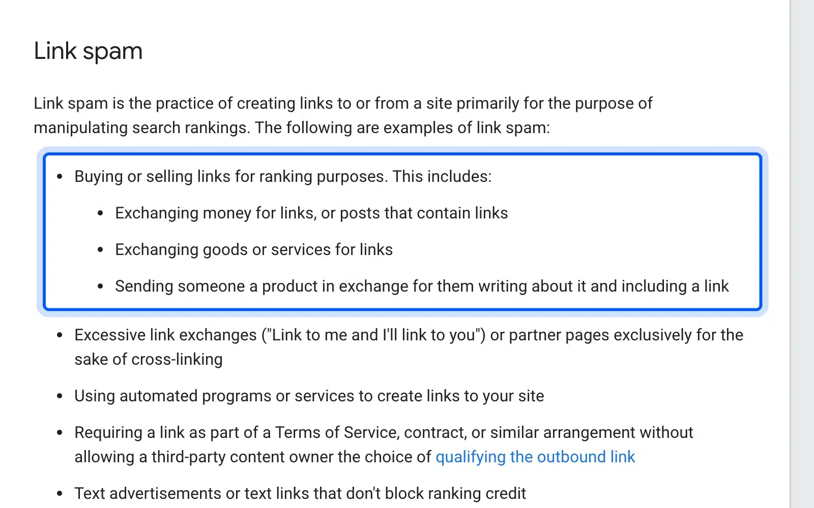Google link spam policy listing products sent in exchange for links