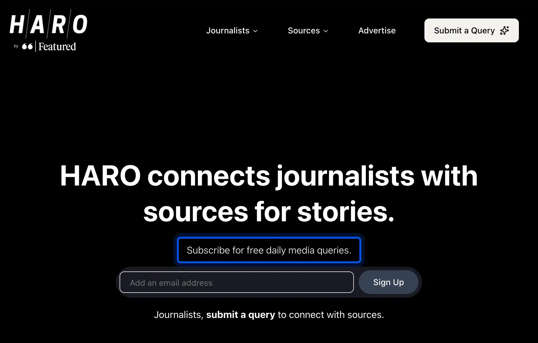 HARO home page offering free daily media queries