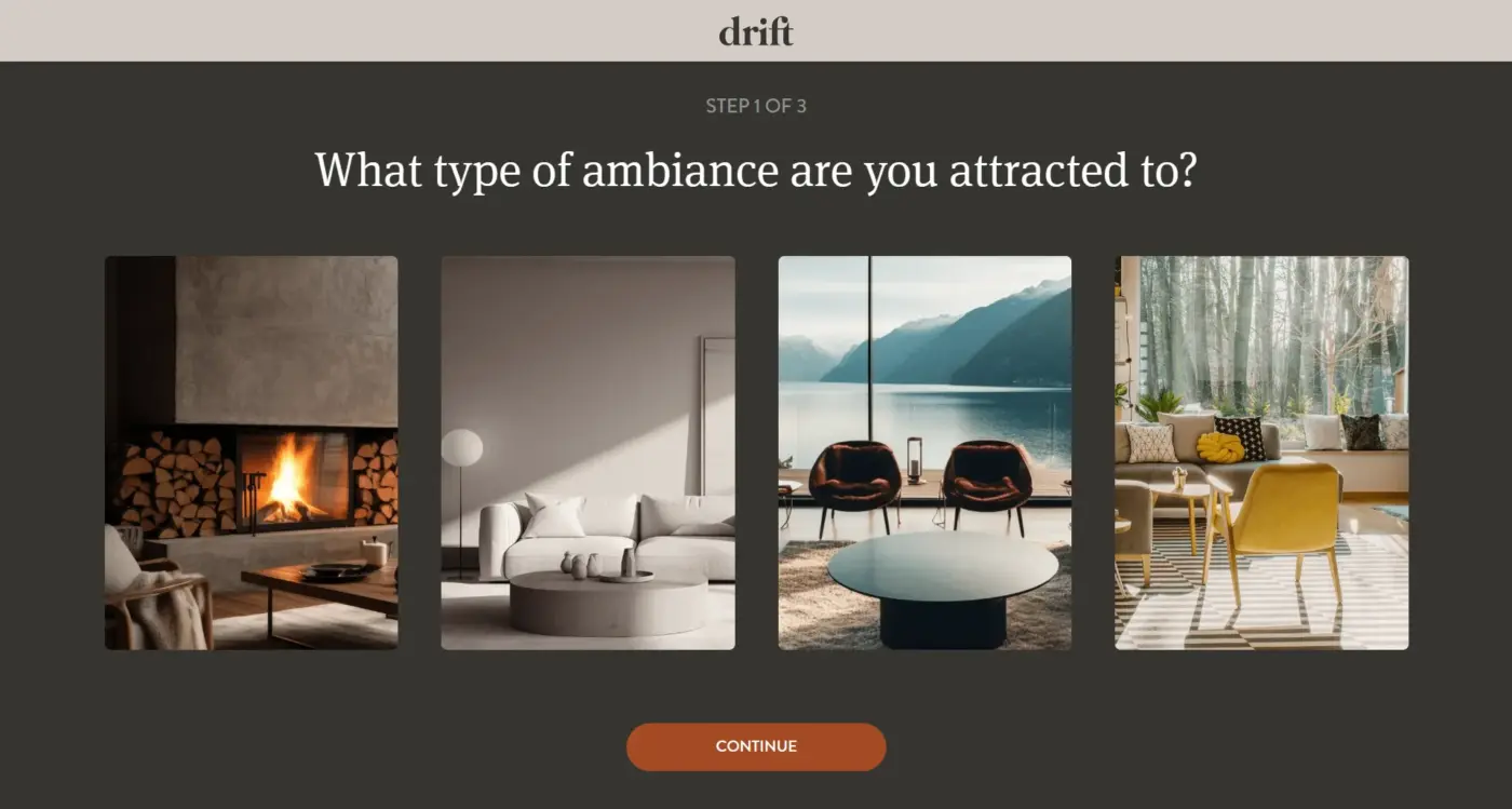 Drift home fragrance quiz step 1 of 3 asking which ambiance a shopper prefers