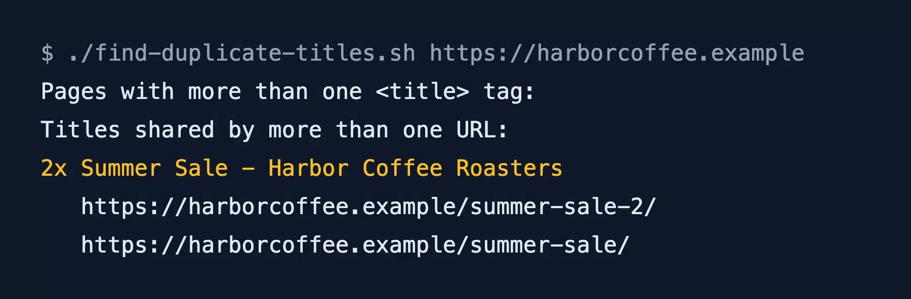 Script output listing two URLs with the same title