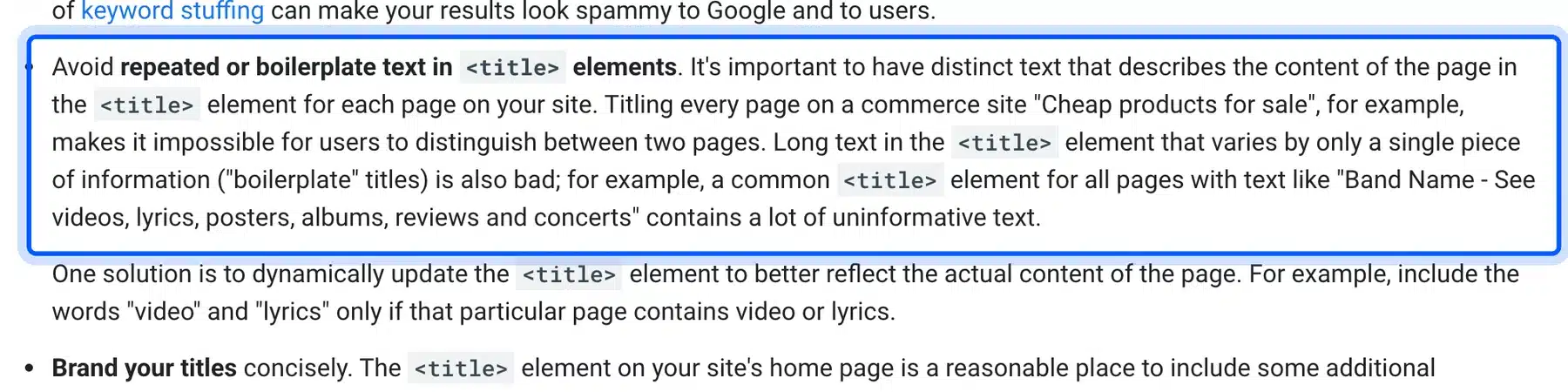 Google guidance on avoiding repeated title text