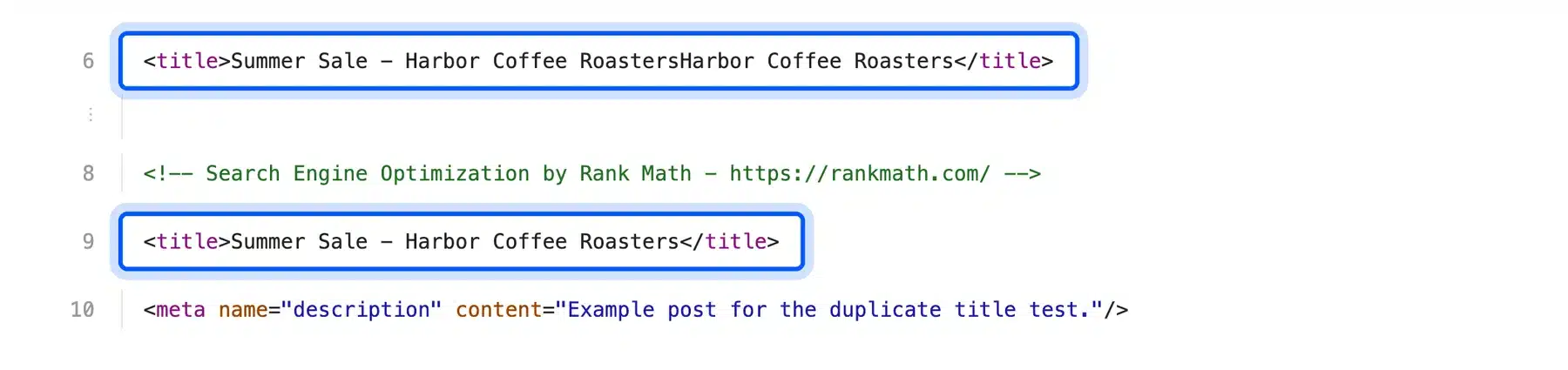 Page source with two title tags from the theme and Rank Math