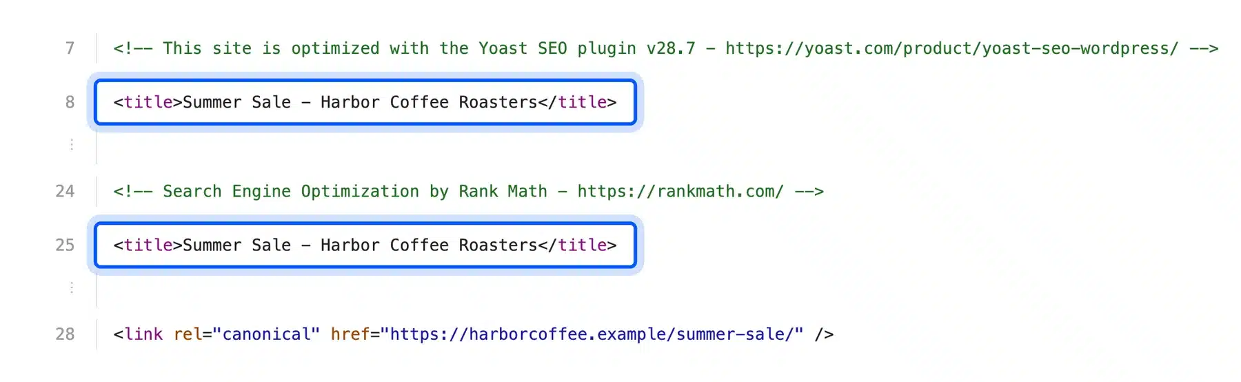Page source with title tags from Yoast SEO and Rank Math