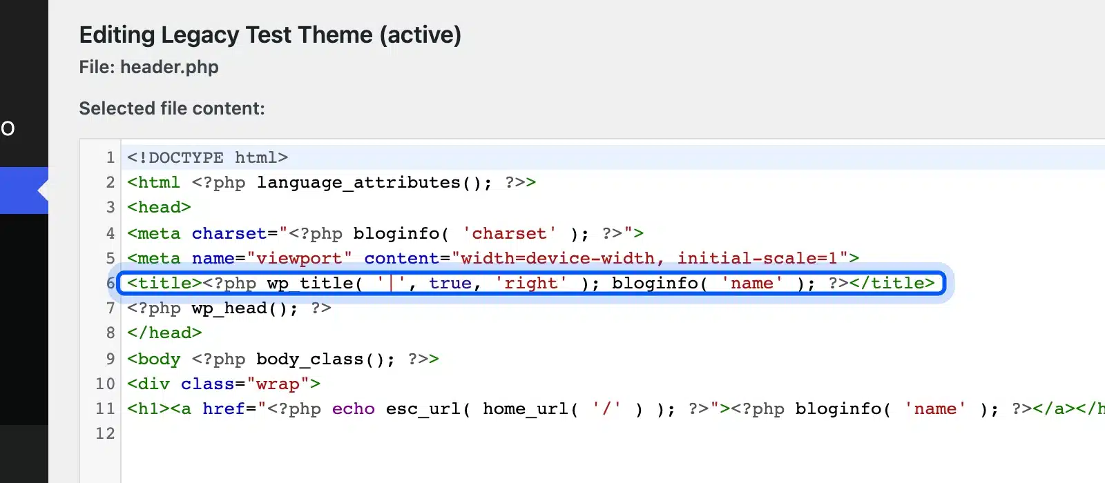 Theme header file with a hard-coded title tag