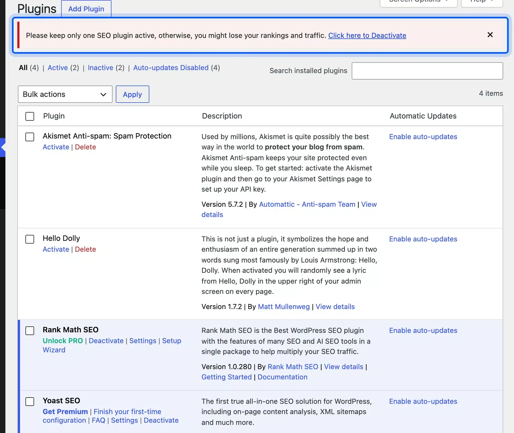 Plugins screen warning about two active SEO plugins