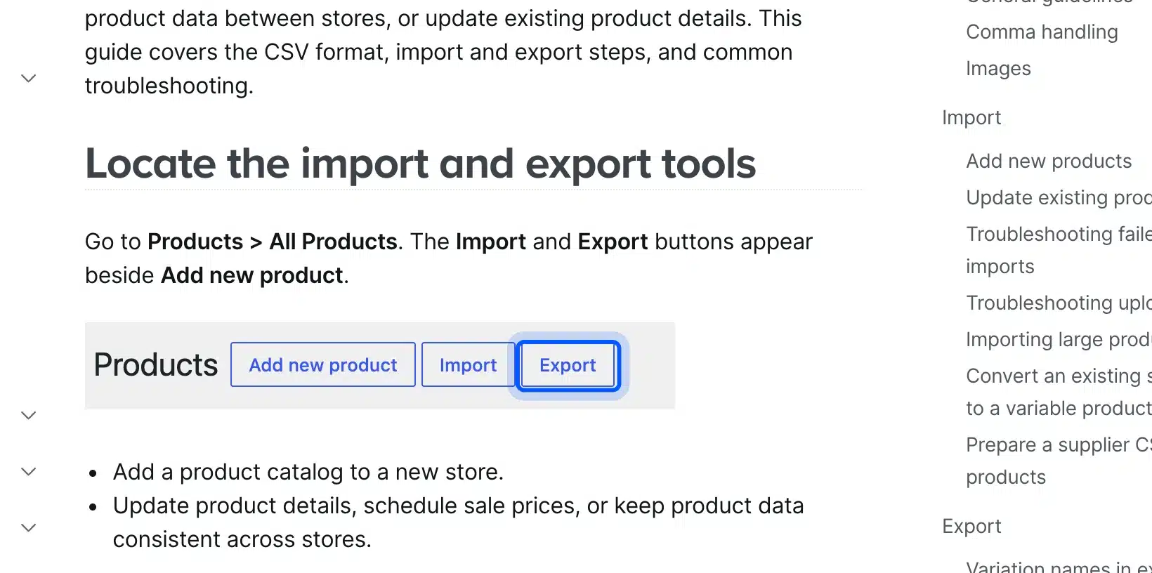 WooCommerce product CSV Export button in the docs