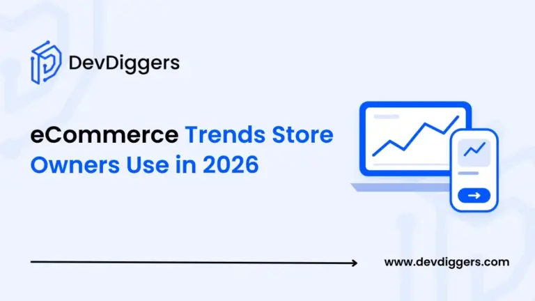 Flat laptop and phone trend chart icon beside the title eCommerce Trends Store Owners Use in 2026