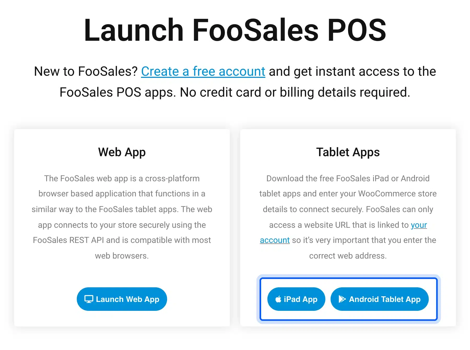 FooSales launch page with the iPad and Android tablet app buttons