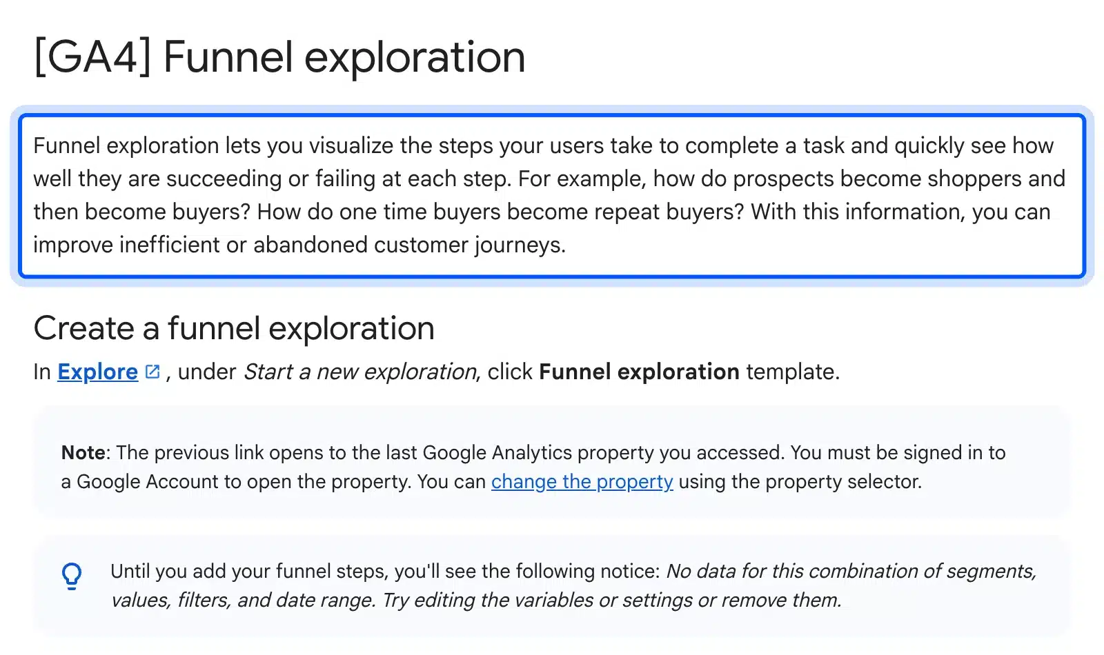 Google Analytics 4 funnel exploration help page