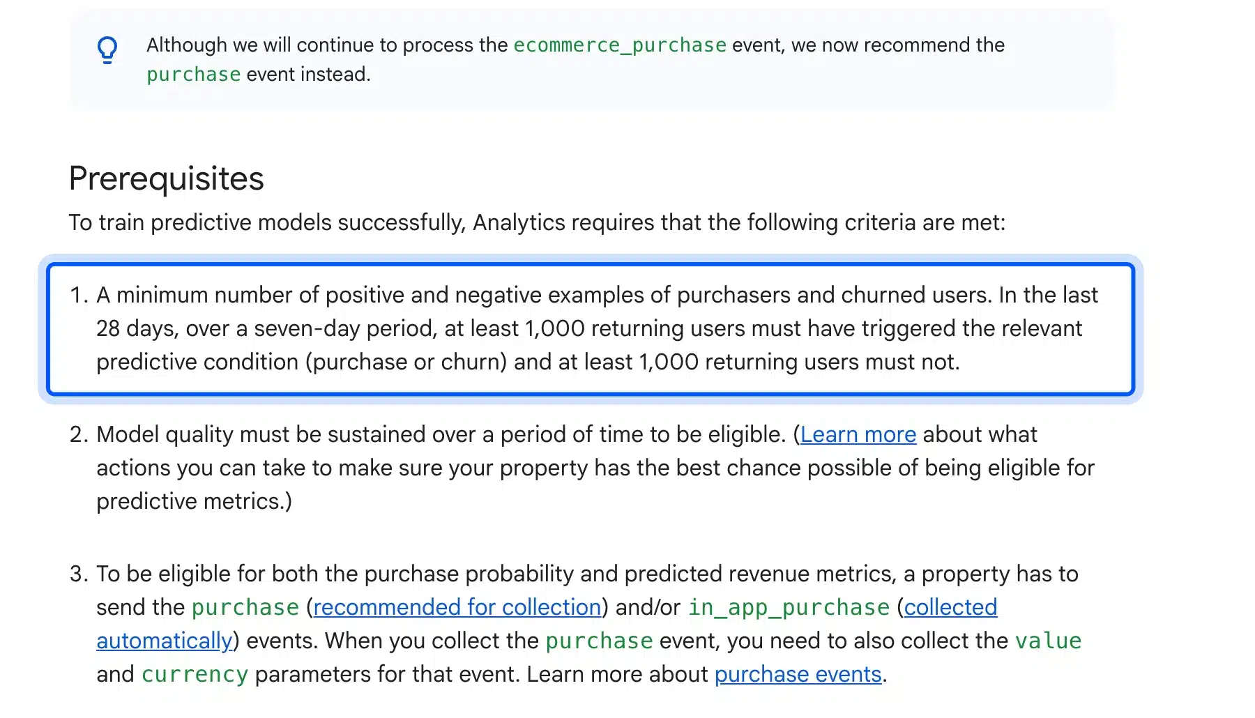 GA4 predictive metrics needs 1,000 returning purchasers
