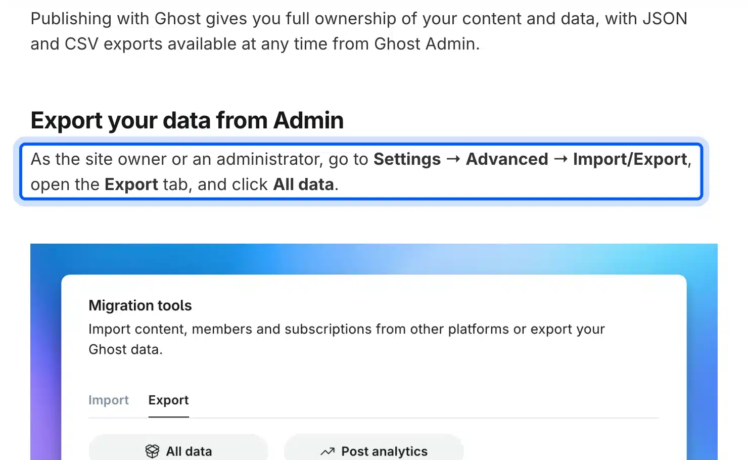 Ghost export screen path in the help page