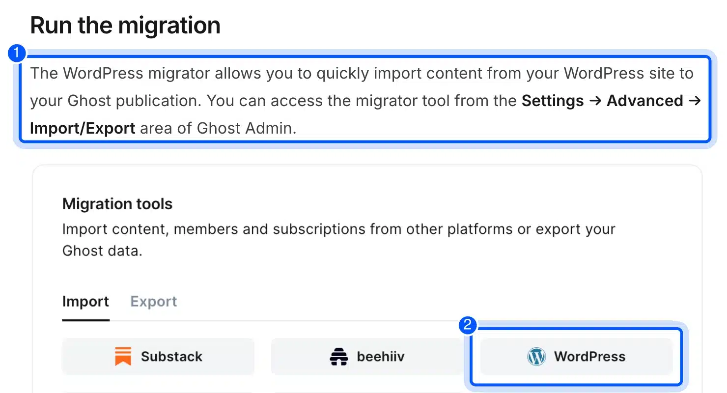 Ghost WordPress migrator in the Import and Export screen
