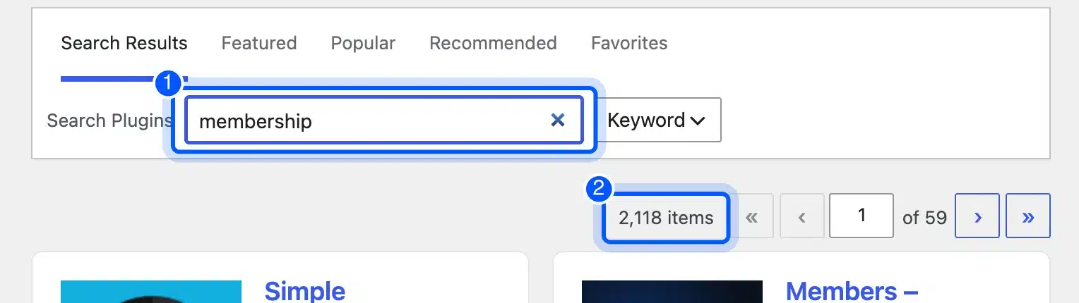 WordPress plugin search for membership showing 2,118 items